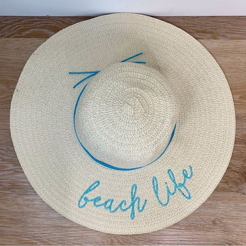 NWOT Embroidered Beach Life Wide Brim Straw Sun Hat - Picture 3 of 8
